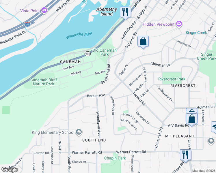 map of restaurants, bars, coffee shops, grocery stores, and more near 379 Barker Avenue in Oregon City