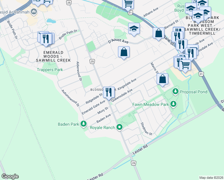 map of restaurants, bars, coffee shops, grocery stores, and more near 1437 Kingsdale Avenue in Ottawa
