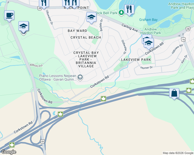 map of restaurants, bars, coffee shops, grocery stores, and more near 84 Cleadon Drive in Ottawa