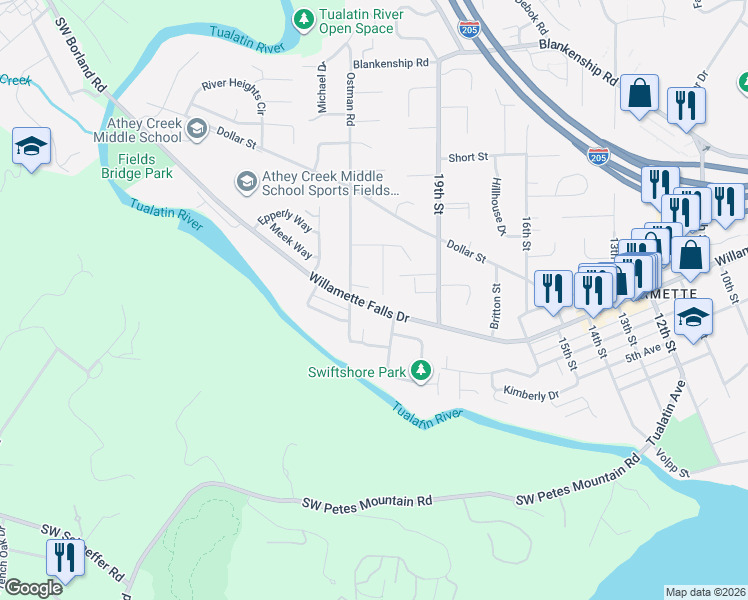 map of restaurants, bars, coffee shops, grocery stores, and more near 1730 Regency Street in West Linn
