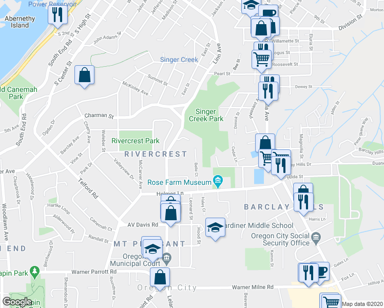 map of restaurants, bars, coffee shops, grocery stores, and more near 120 Glenwood Court in Oregon City