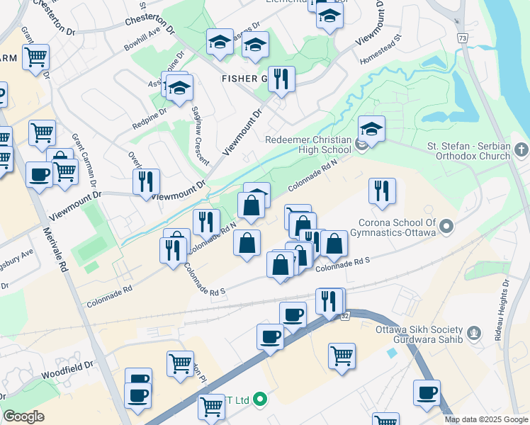 map of restaurants, bars, coffee shops, grocery stores, and more near 50 Colonnade Road North in Ottawa