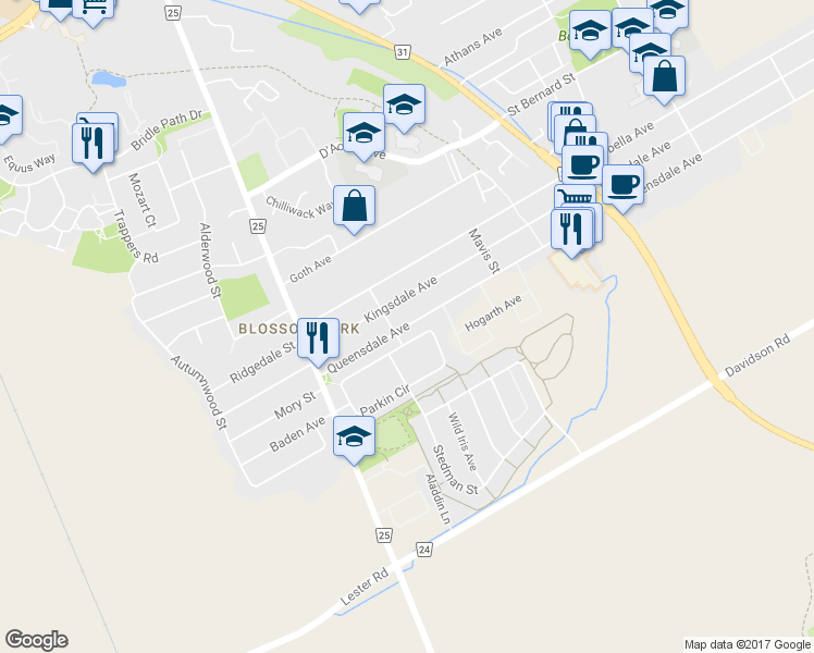 map of restaurants, bars, coffee shops, grocery stores, and more near 1496 Queensdale Avenue in Ottawa