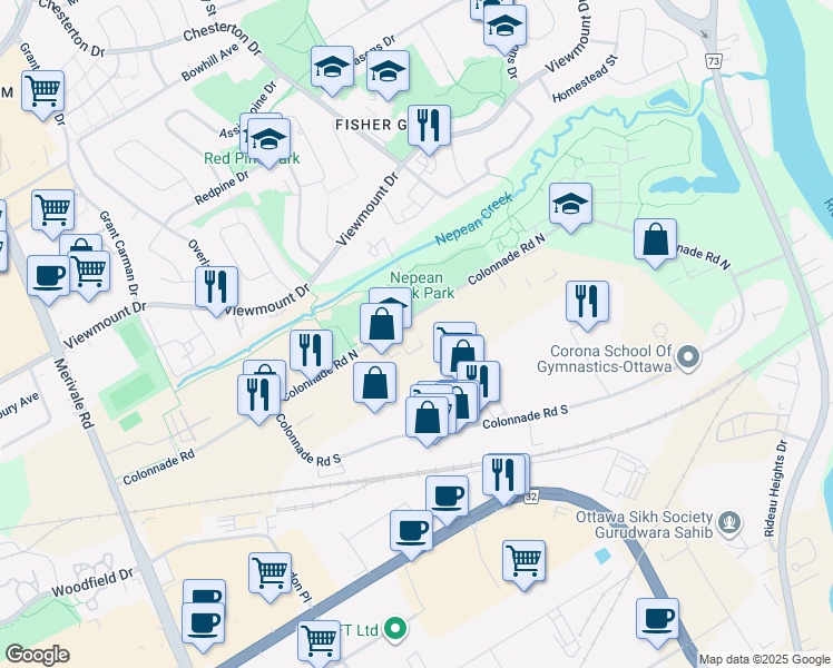 map of restaurants, bars, coffee shops, grocery stores, and more near 50 Colonnade Road North in Ottawa