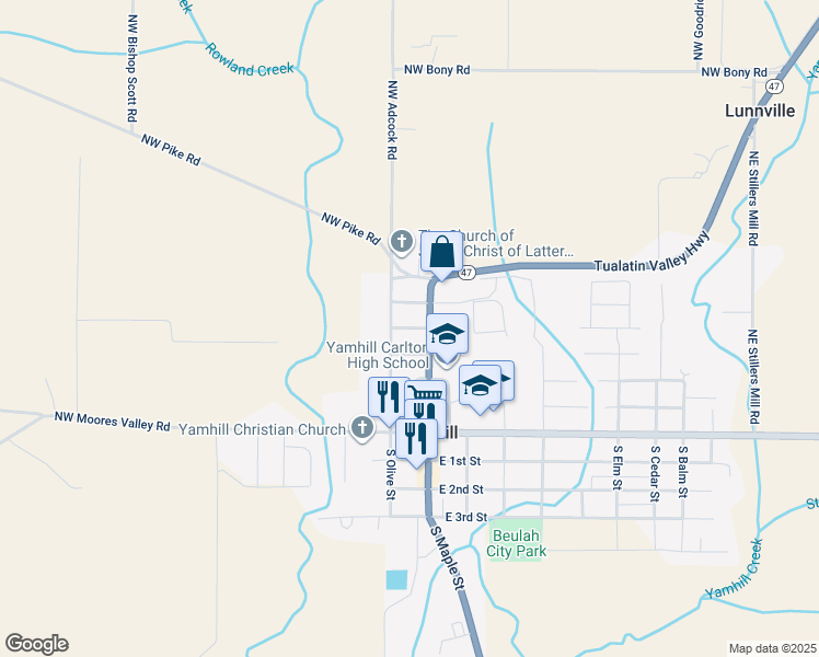 map of restaurants, bars, coffee shops, grocery stores, and more near 417 North Olive Street in Yamhill