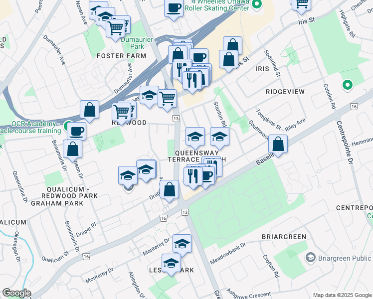 map of restaurants, bars, coffee shops, grocery stores, and more near 67 Pinecrest Road in Ottawa