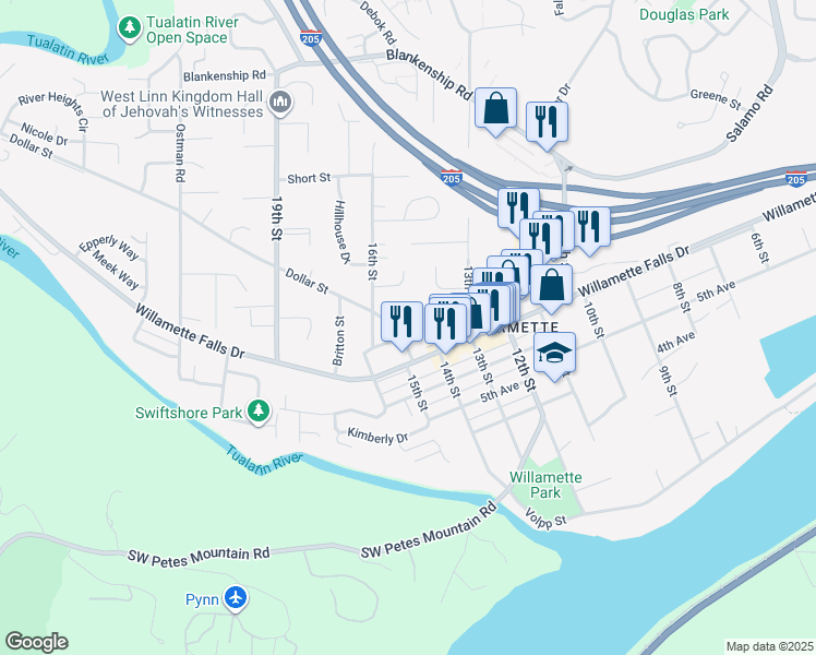 map of restaurants, bars, coffee shops, grocery stores, and more near 1721 Dollar Street in West Linn