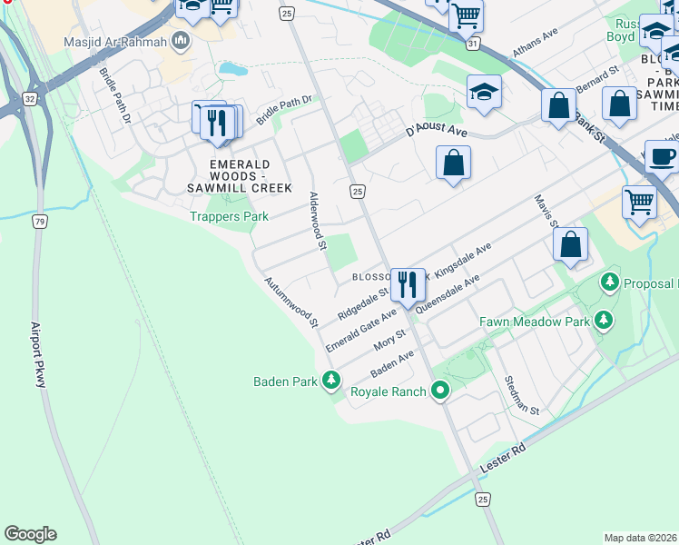 map of restaurants, bars, coffee shops, grocery stores, and more near 3809 Alderwood Street in Ottawa