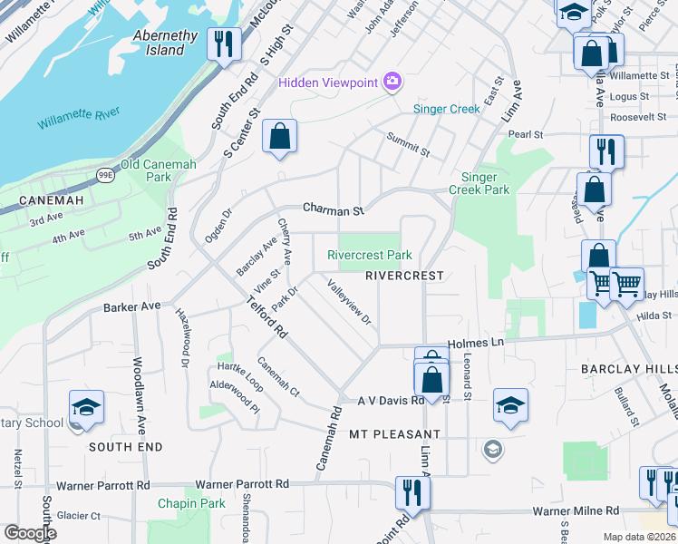 map of restaurants, bars, coffee shops, grocery stores, and more near Park Drive in Oregon City