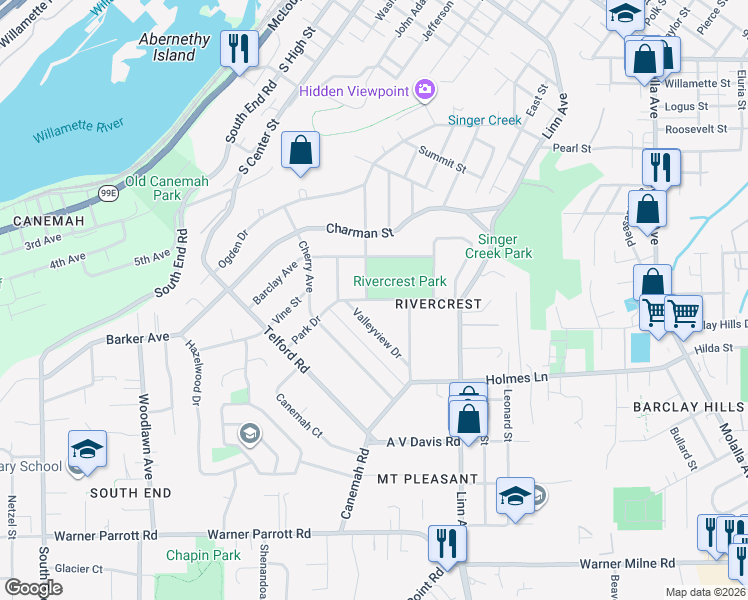 map of restaurants, bars, coffee shops, grocery stores, and more near Park Drive in Oregon City
