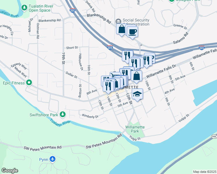 map of restaurants, bars, coffee shops, grocery stores, and more near 1741 8th Avenue in West Linn