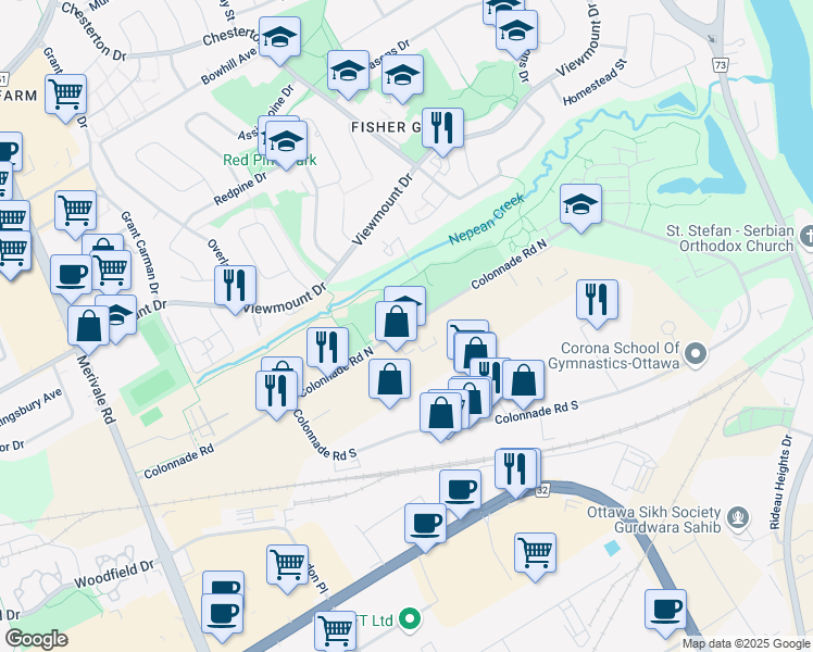map of restaurants, bars, coffee shops, grocery stores, and more near 55 Colonnade Road in Ottawa