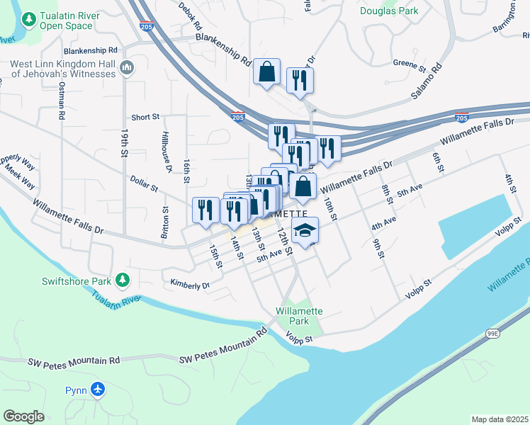 map of restaurants, bars, coffee shops, grocery stores, and more near 1860 Willamette Falls Drive in West Linn
