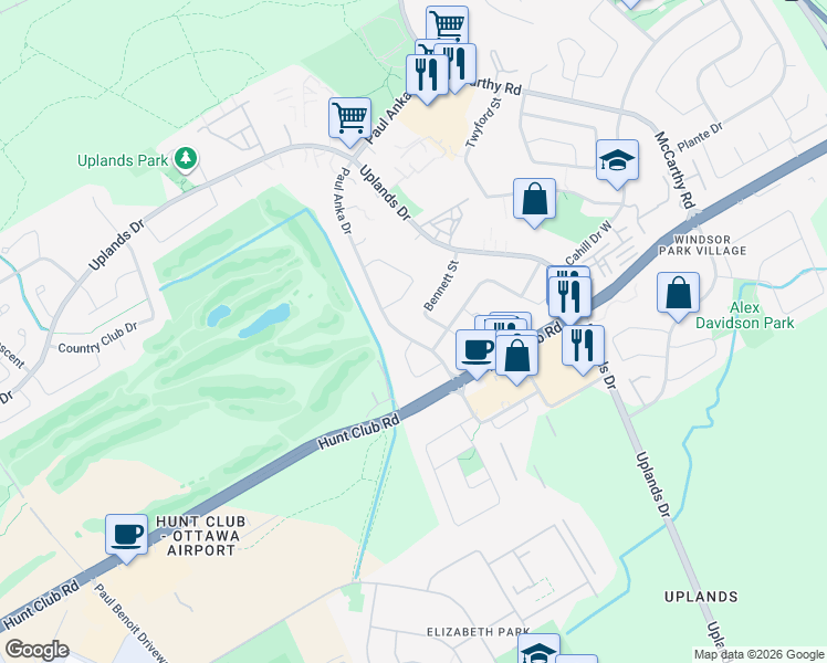 map of restaurants, bars, coffee shops, grocery stores, and more near 3535 Paul Anka Drive in Ottawa