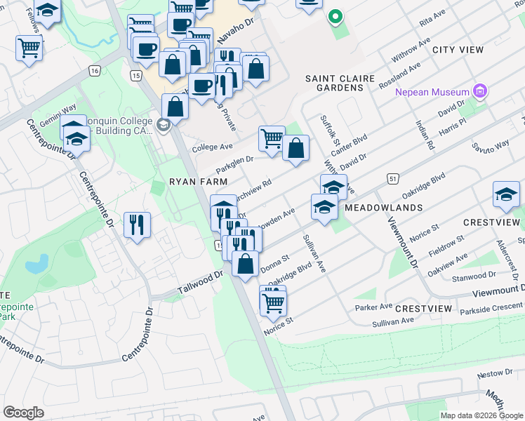 map of restaurants, bars, coffee shops, grocery stores, and more near 134 David Drive in Ottawa
