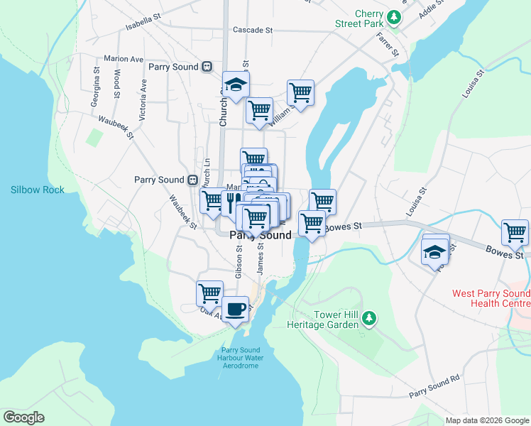 map of restaurants, bars, coffee shops, grocery stores, and more near 53 James Street in Parry Sound
