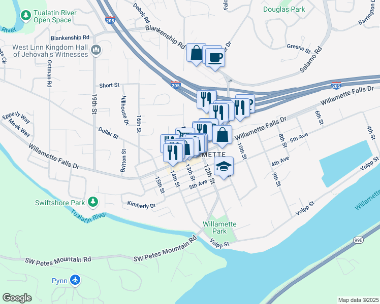 map of restaurants, bars, coffee shops, grocery stores, and more near 1860 Willamette Falls Drive in West Linn