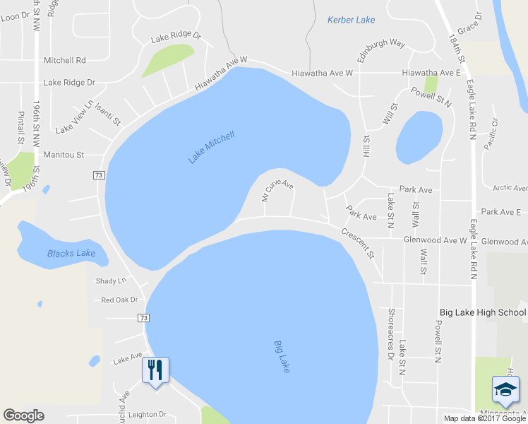 map of restaurants, bars, coffee shops, grocery stores, and more near 110 Mount Curve Avenue in Big Lake