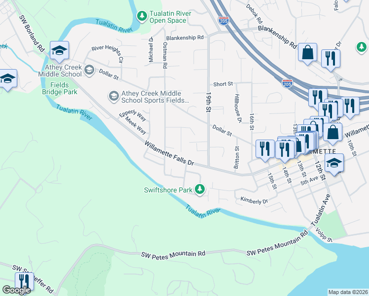 map of restaurants, bars, coffee shops, grocery stores, and more near 1739 Regency Street in West Linn