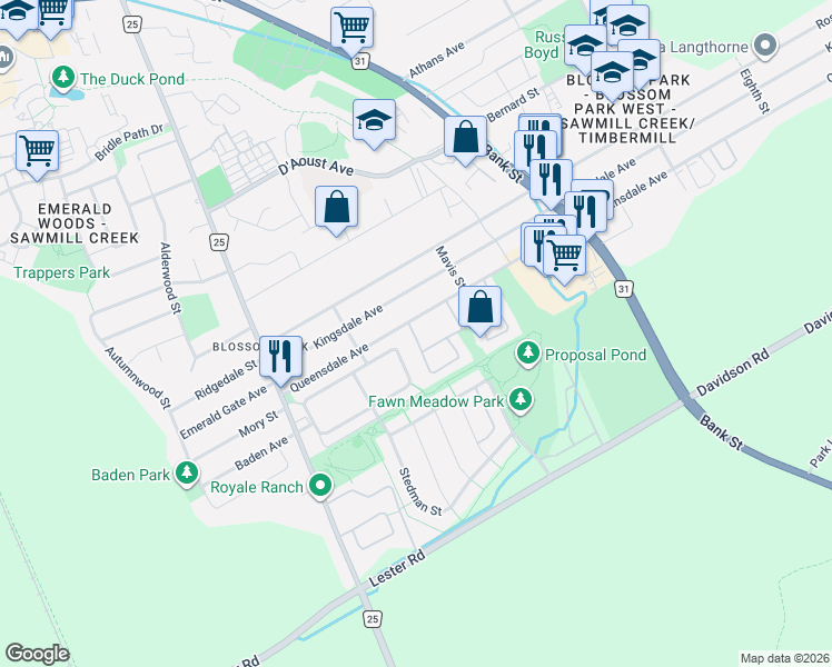 map of restaurants, bars, coffee shops, grocery stores, and more near 1530 Queensdale Avenue in Ottawa