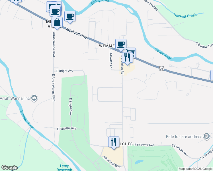 map of restaurants, bars, coffee shops, grocery stores, and more near 68295 East Twinberry Loop in Mount Hood Village
