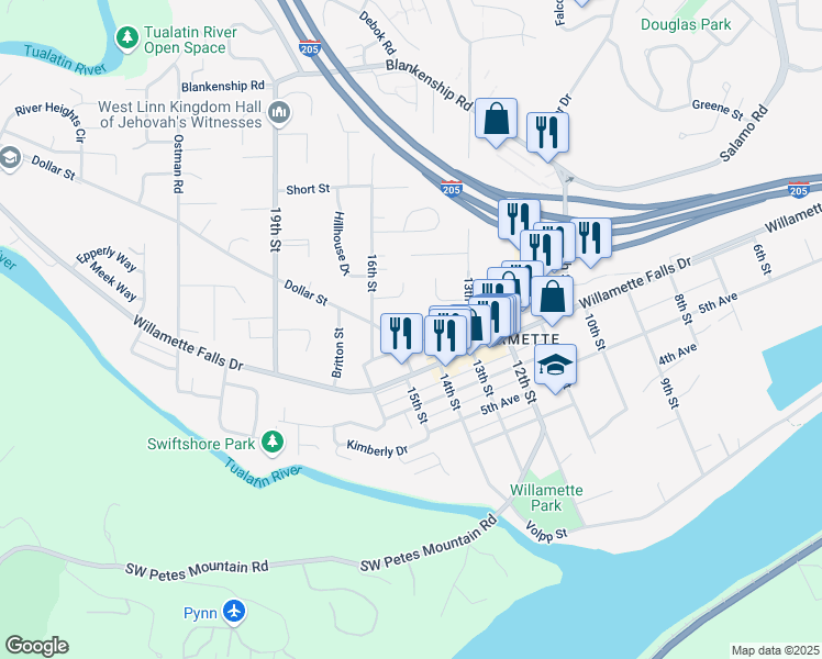 map of restaurants, bars, coffee shops, grocery stores, and more near 1721 Dollar Street in West Linn
