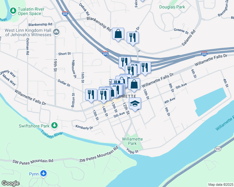 map of restaurants, bars, coffee shops, grocery stores, and more near 1684 12th Street in West Linn