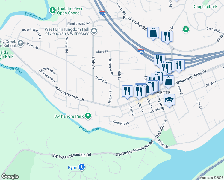 map of restaurants, bars, coffee shops, grocery stores, and more near 1765 Britton Street in West Linn