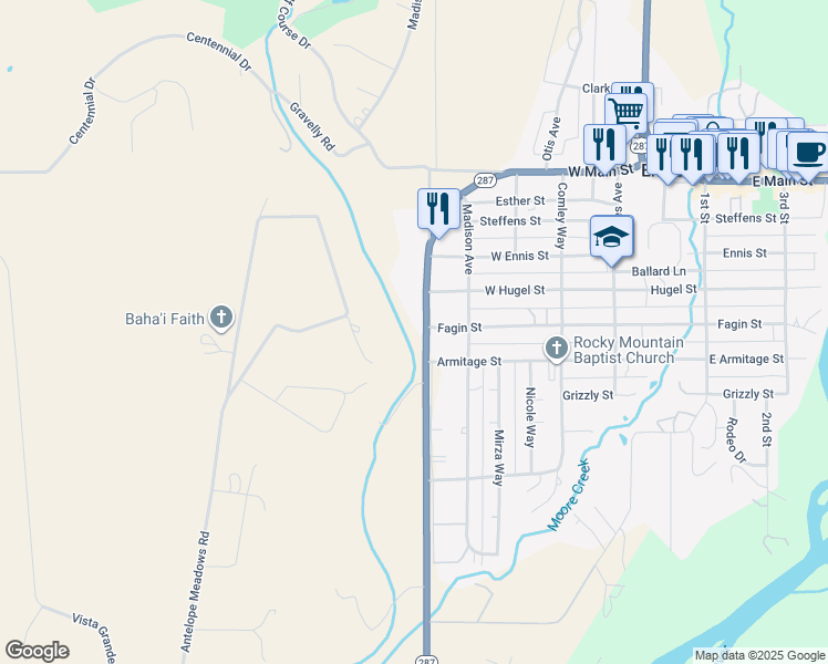 map of restaurants, bars, coffee shops, grocery stores, and more near 126 Bauer Lane in Ennis