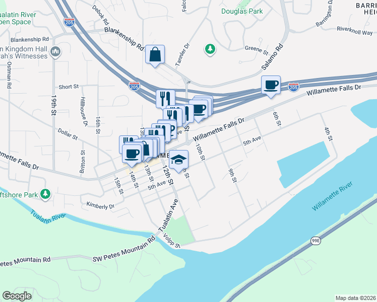 map of restaurants, bars, coffee shops, grocery stores, and more near 2051 Willamette Falls Drive in West Linn