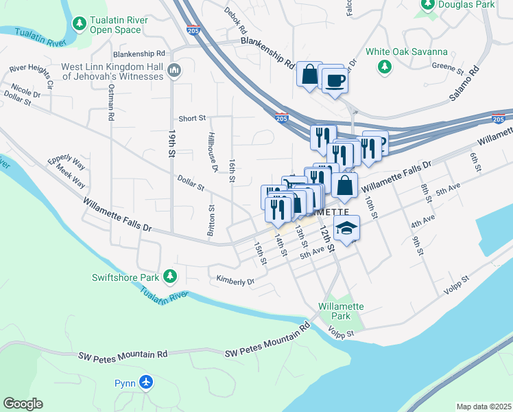 map of restaurants, bars, coffee shops, grocery stores, and more near 1721 Dollar Street in West Linn