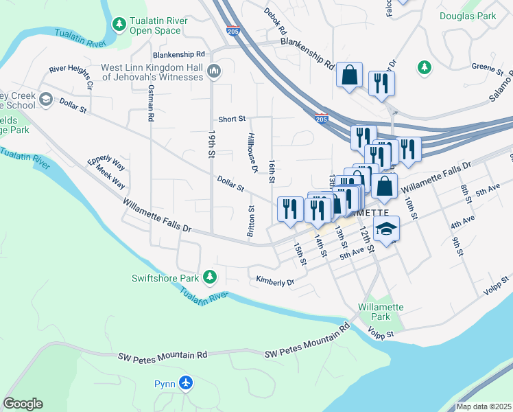 map of restaurants, bars, coffee shops, grocery stores, and more near 1767 Britton Street in West Linn