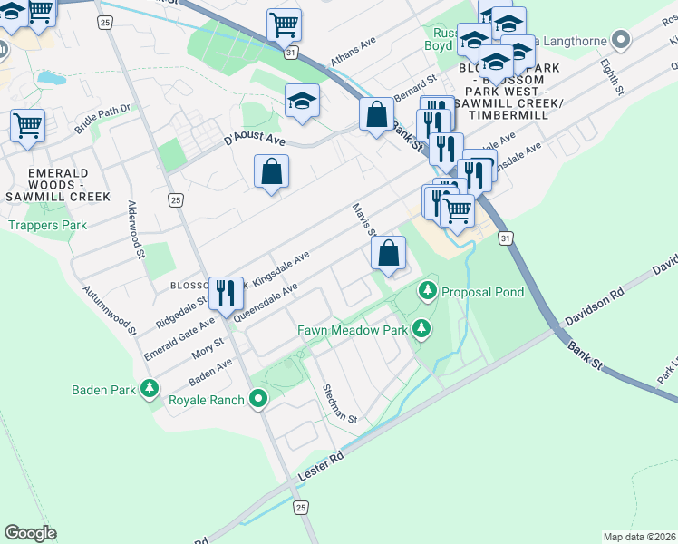 map of restaurants, bars, coffee shops, grocery stores, and more near 3107 Stockton Drive in Ottawa