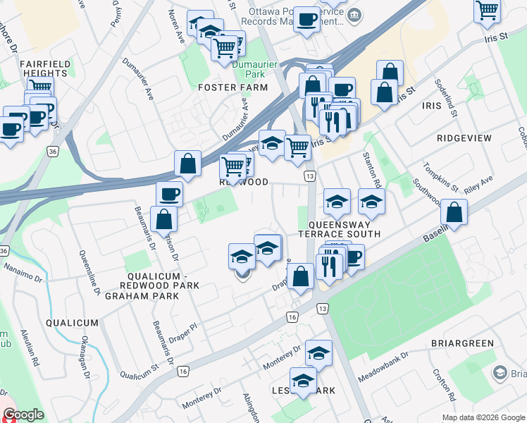 map of restaurants, bars, coffee shops, grocery stores, and more near 1045 Morrison Drive in Ottawa