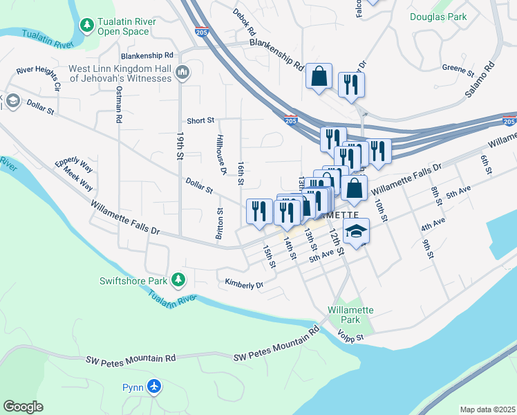map of restaurants, bars, coffee shops, grocery stores, and more near 1715 Dollar Street in West Linn