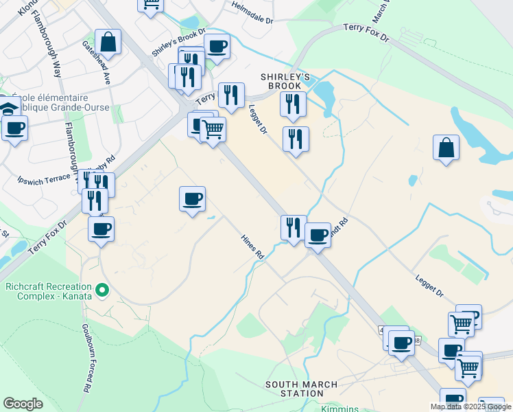 map of restaurants, bars, coffee shops, grocery stores, and more near 505 March Road in Ottawa