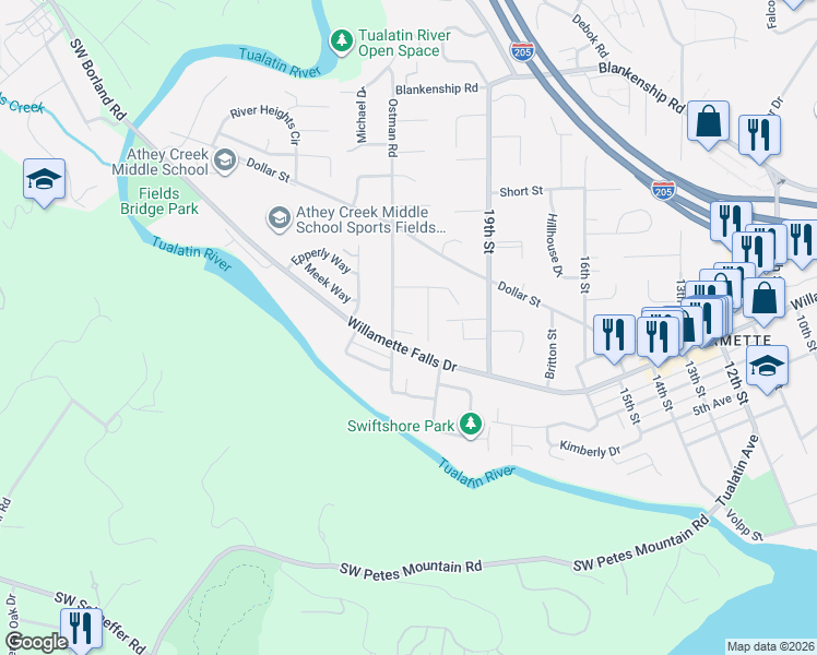 map of restaurants, bars, coffee shops, grocery stores, and more near 1765 Ostman Road in West Linn