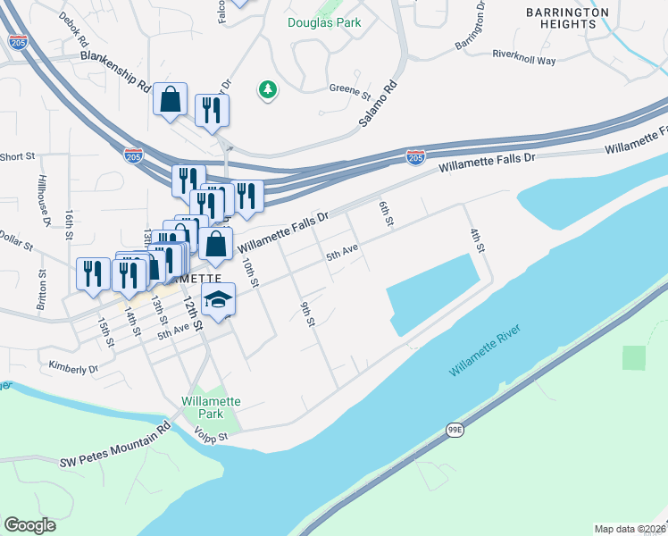 map of restaurants, bars, coffee shops, grocery stores, and more near 2363 5th Avenue in West Linn