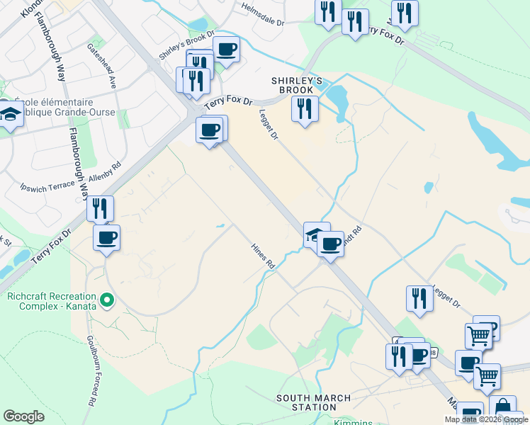 map of restaurants, bars, coffee shops, grocery stores, and more near 505 March Road in Ottawa