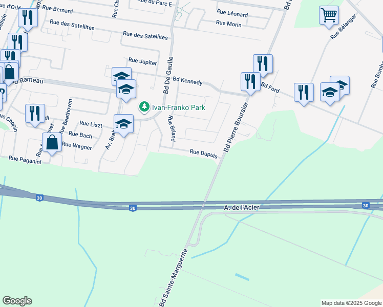 map of restaurants, bars, coffee shops, grocery stores, and more near 323 Rue Dupuis in Châteauguay