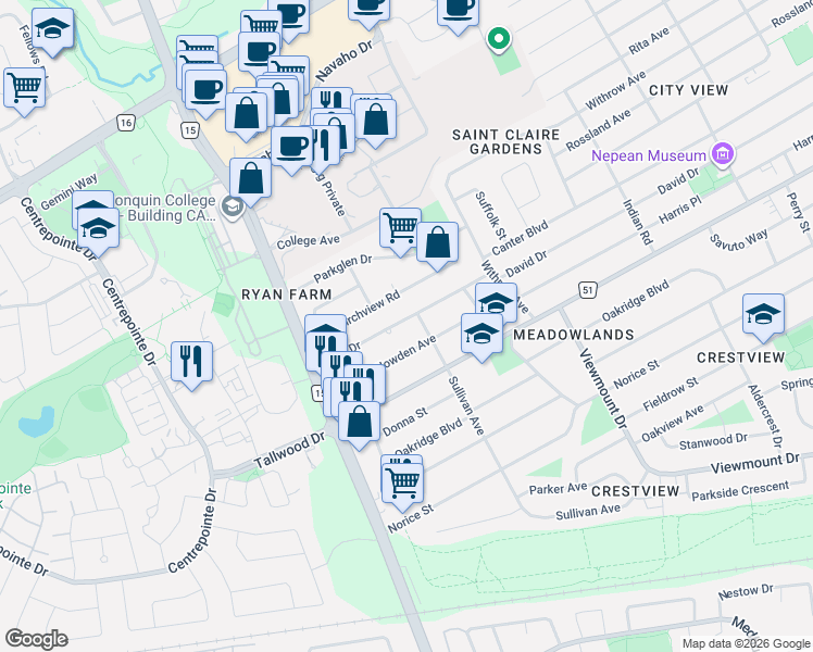 map of restaurants, bars, coffee shops, grocery stores, and more near 126 David Drive in Ottawa