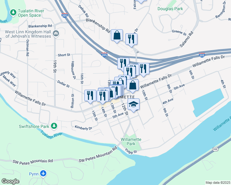map of restaurants, bars, coffee shops, grocery stores, and more near 1684 12th Street in West Linn