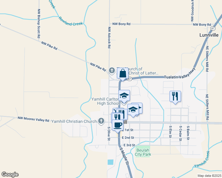 map of restaurants, bars, coffee shops, grocery stores, and more near 417 N Olive St in Yamhill