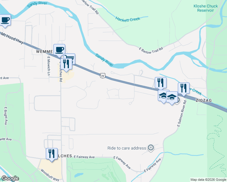 map of restaurants, bars, coffee shops, grocery stores, and more near 68943 East Cedar Hill Terrace in Mount Hood Village