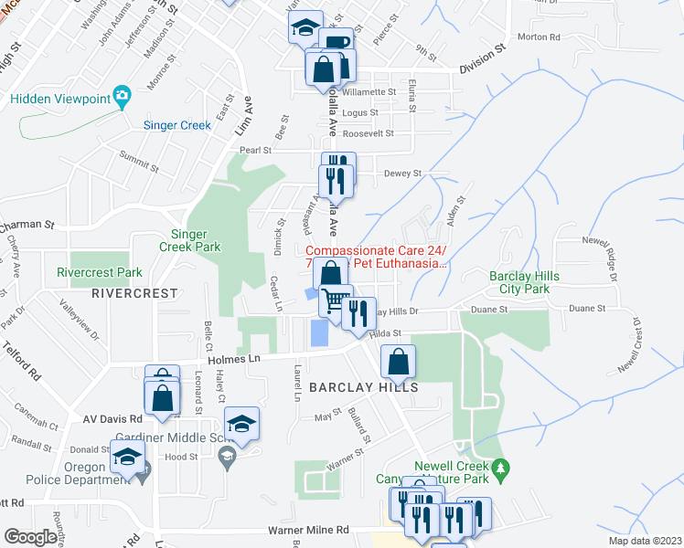 map of restaurants, bars, coffee shops, grocery stores, and more near 729 Molalla Avenue in Oregon City