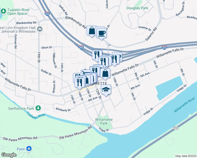 map of restaurants, bars, coffee shops, grocery stores, and more near 1980 Willamette Falls Drive in West Linn