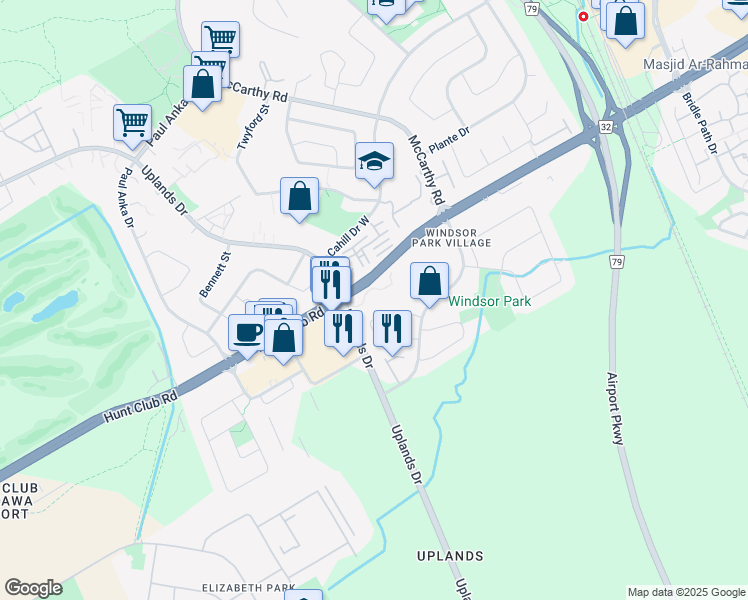 map of restaurants, bars, coffee shops, grocery stores, and more near 2250 Cotters Crescent in Ottawa