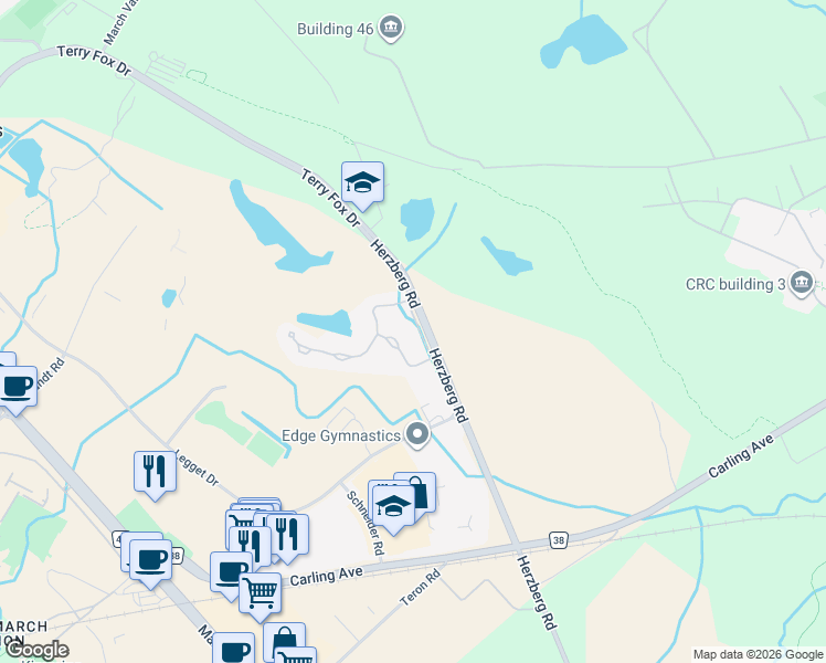 map of restaurants, bars, coffee shops, grocery stores, and more near 25 Marsh Sparrow Private in Ottawa
