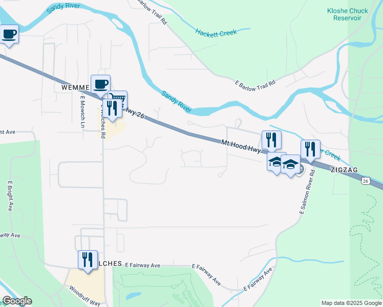 map of restaurants, bars, coffee shops, grocery stores, and more near 68943 East Cedar Hill Loop in Mount Hood Village
