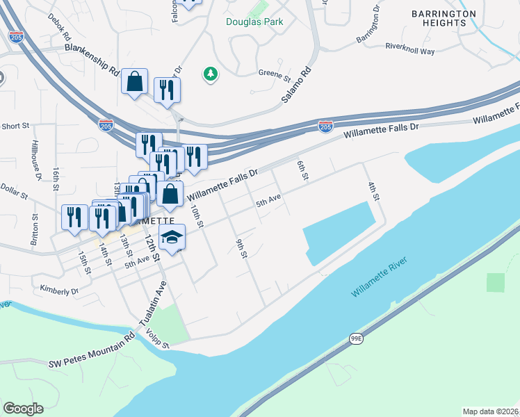 map of restaurants, bars, coffee shops, grocery stores, and more near 2315 5th Avenue in West Linn